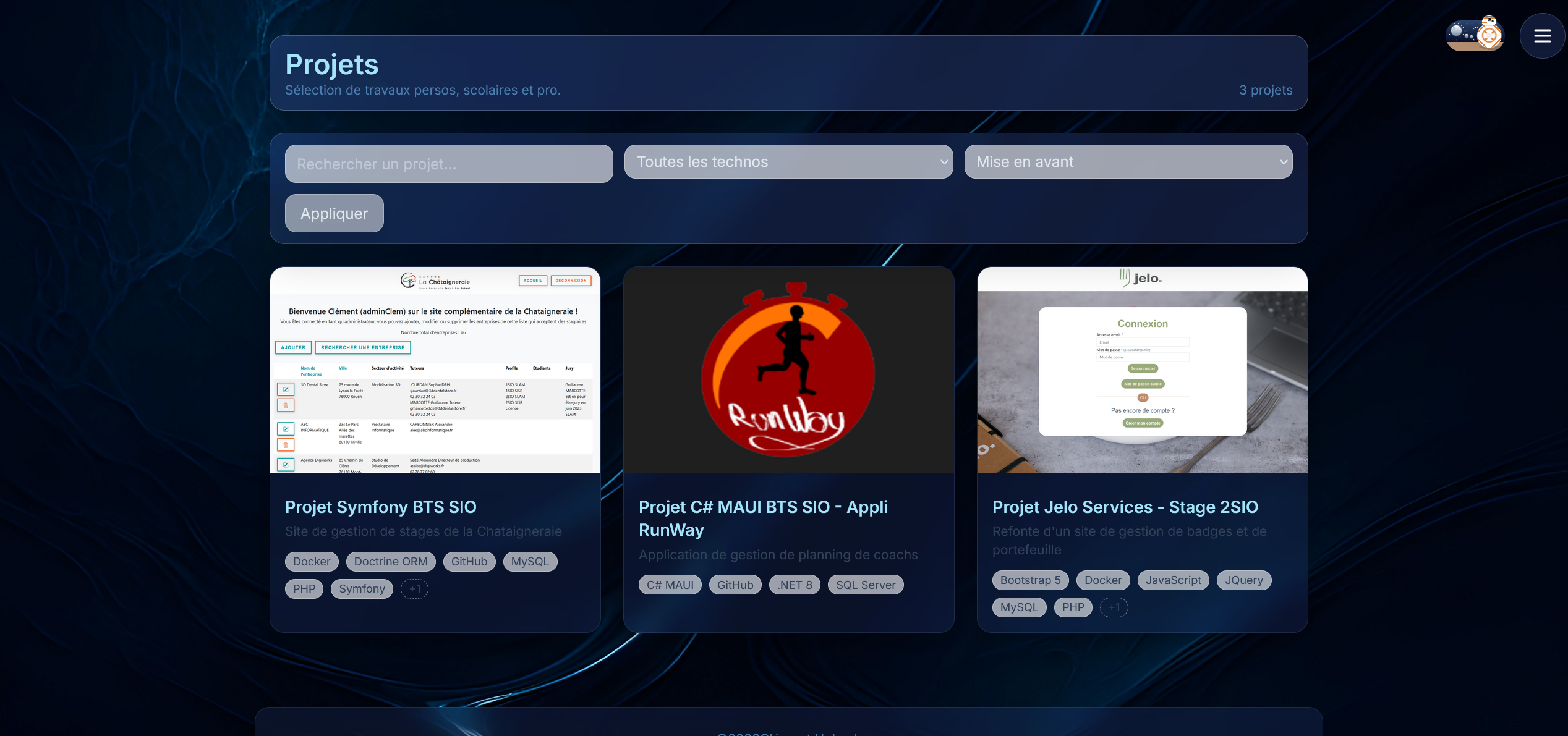 Page Projets mode sombre